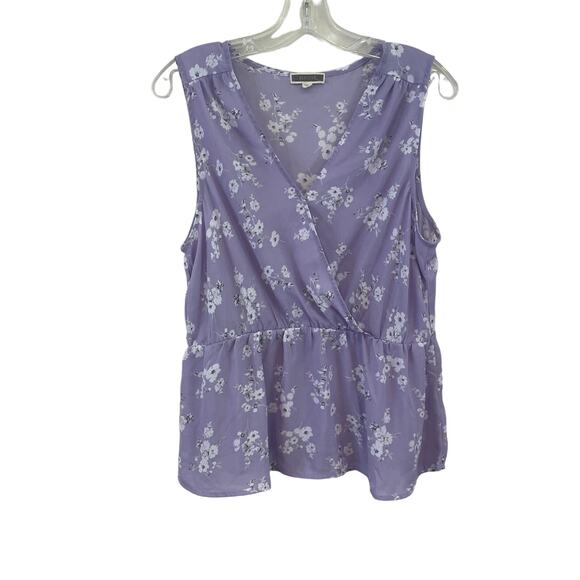 Pleione Elastic Waist Peplum Lavender Floral Blouse Sz L - Picture 1 of 5